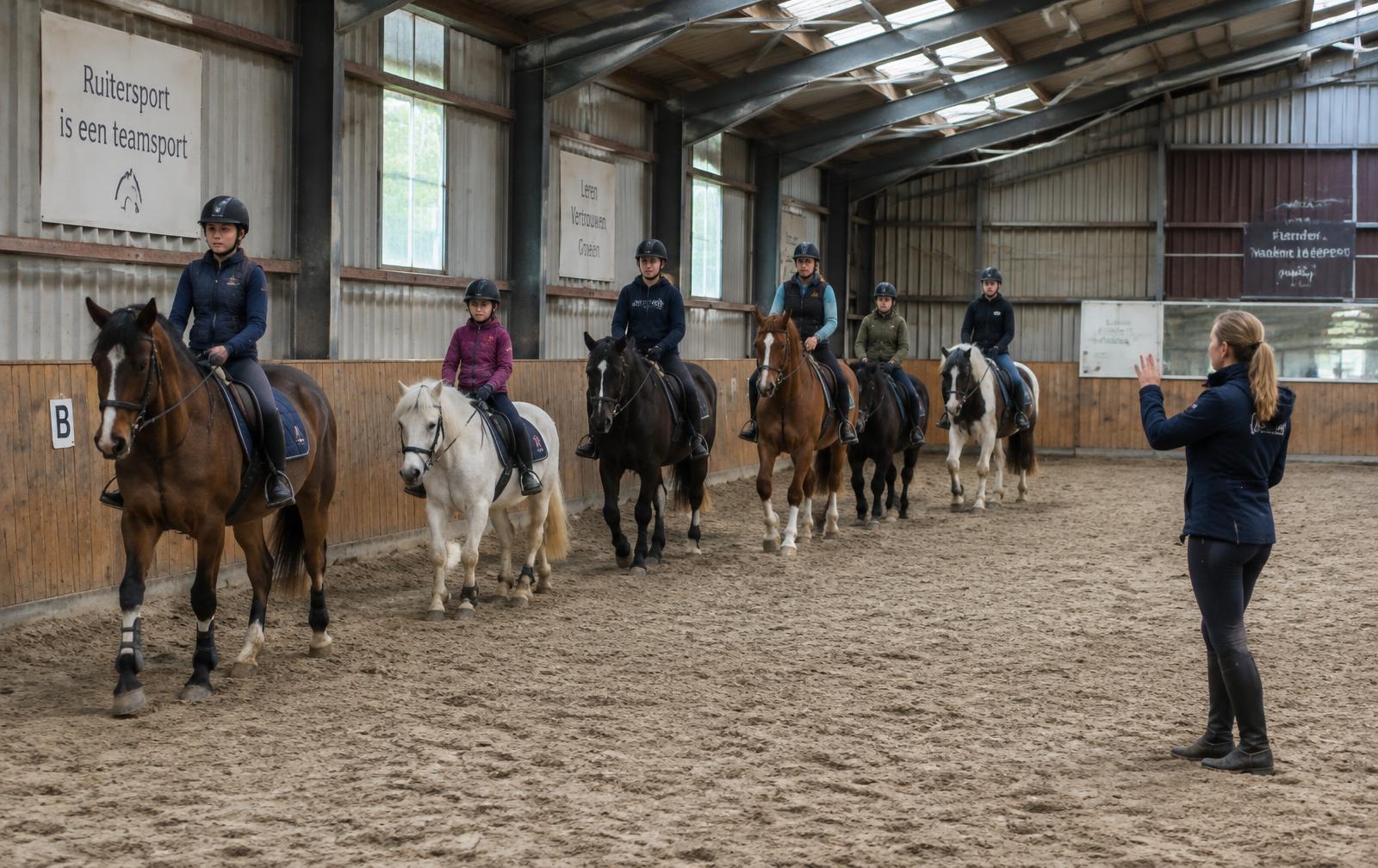 Groepsles met ruiters en lespaarden in een manege