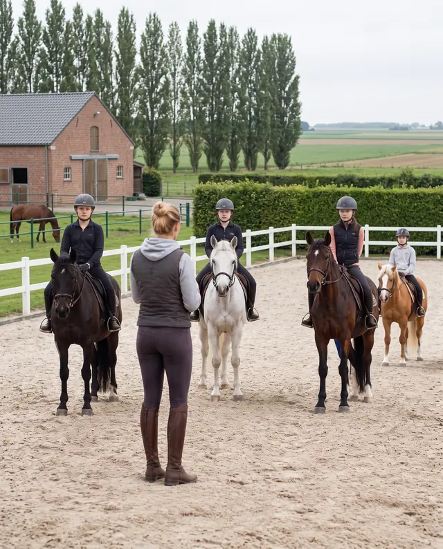 Lesgeefster geeft groepsles aan jonge ruiters in een binnenpiste