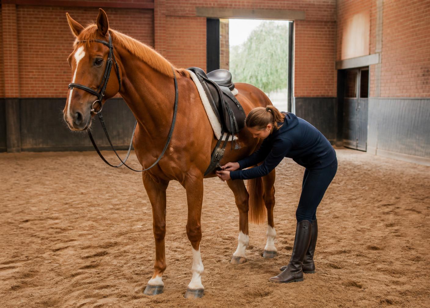Lesgeefster maakt een paard klaar in de binnenpiste van een manège