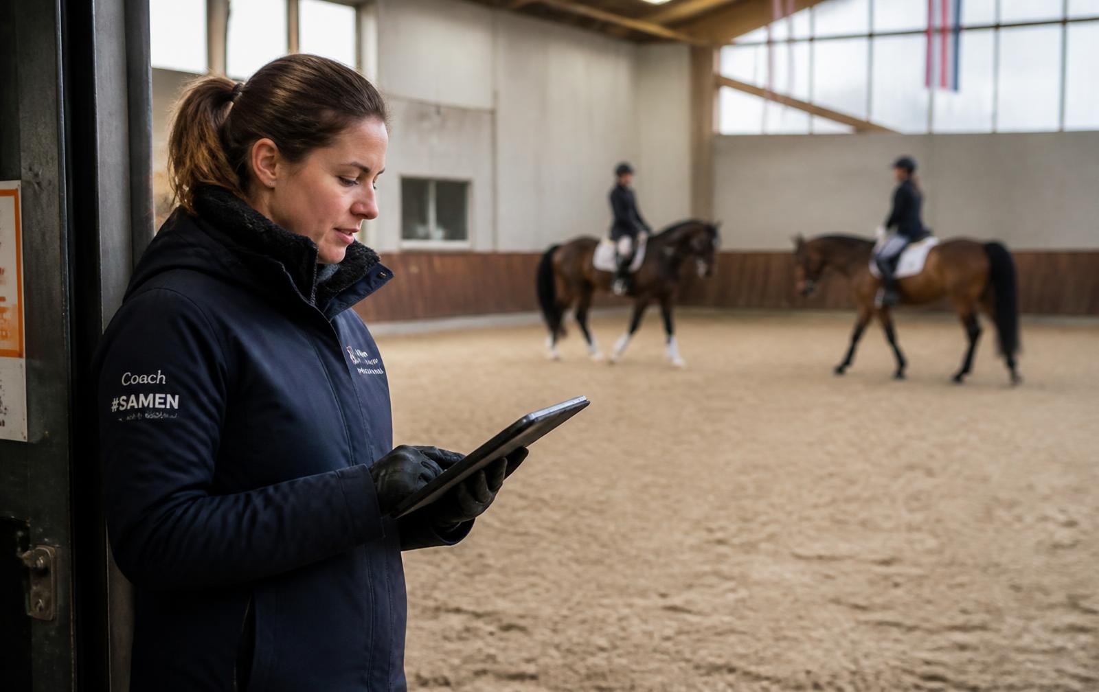 Lesgeefster met een tablet aan de ingang van de binnenpiste terwijl een groepsles doorgaat