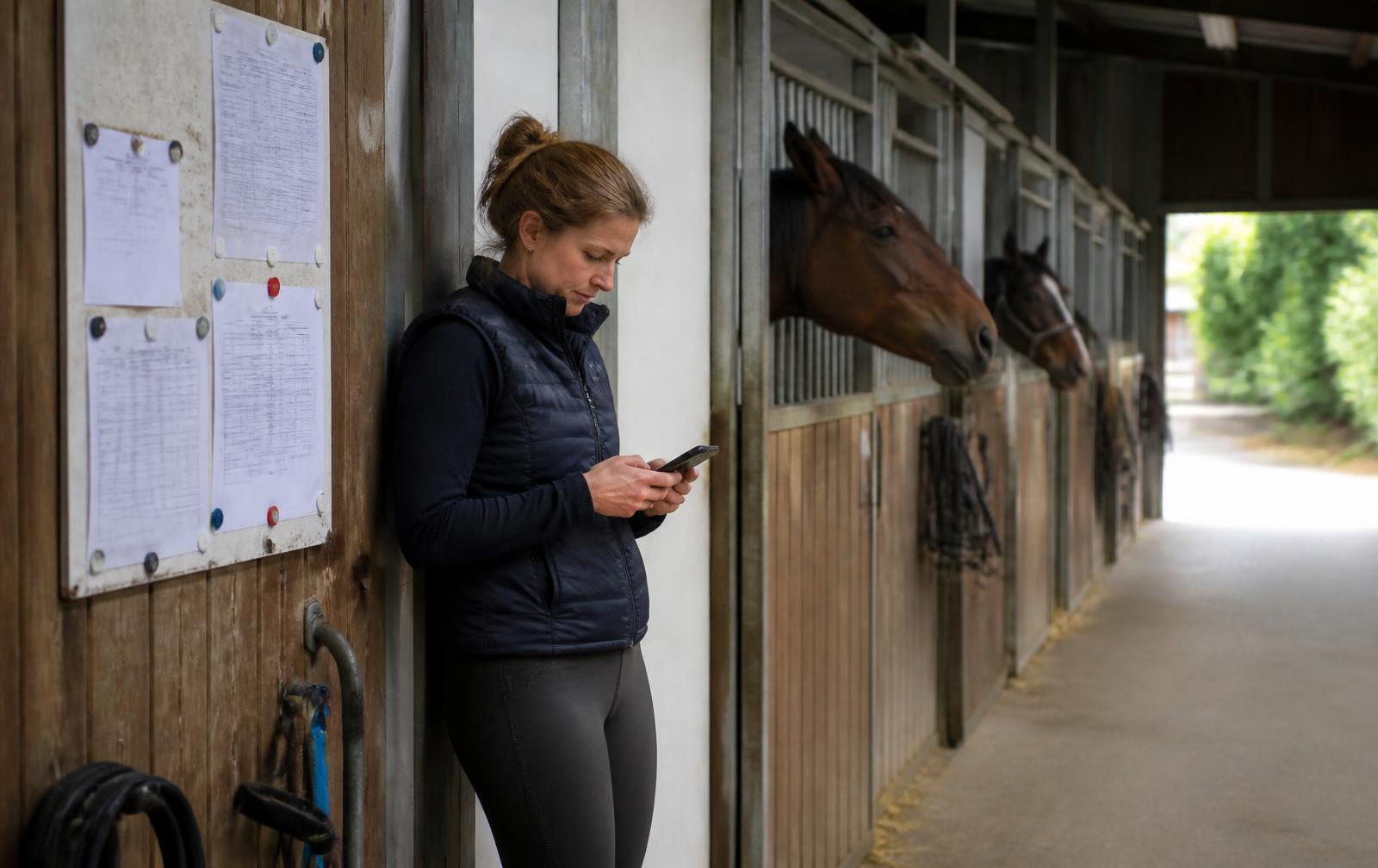 Lesgeefster met haar telefoon in de stalgang naast een prikbord met lessenlijsten
