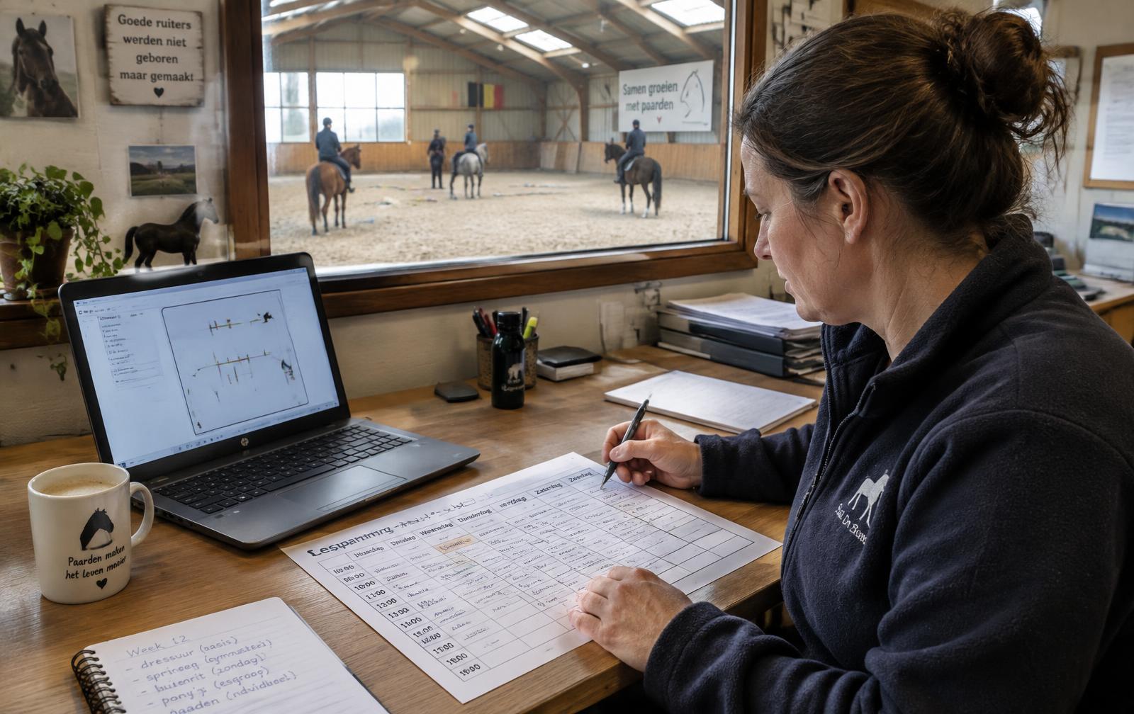 Manege-eigenaar bekijkt planning en cijfers met zicht op de binnenpiste