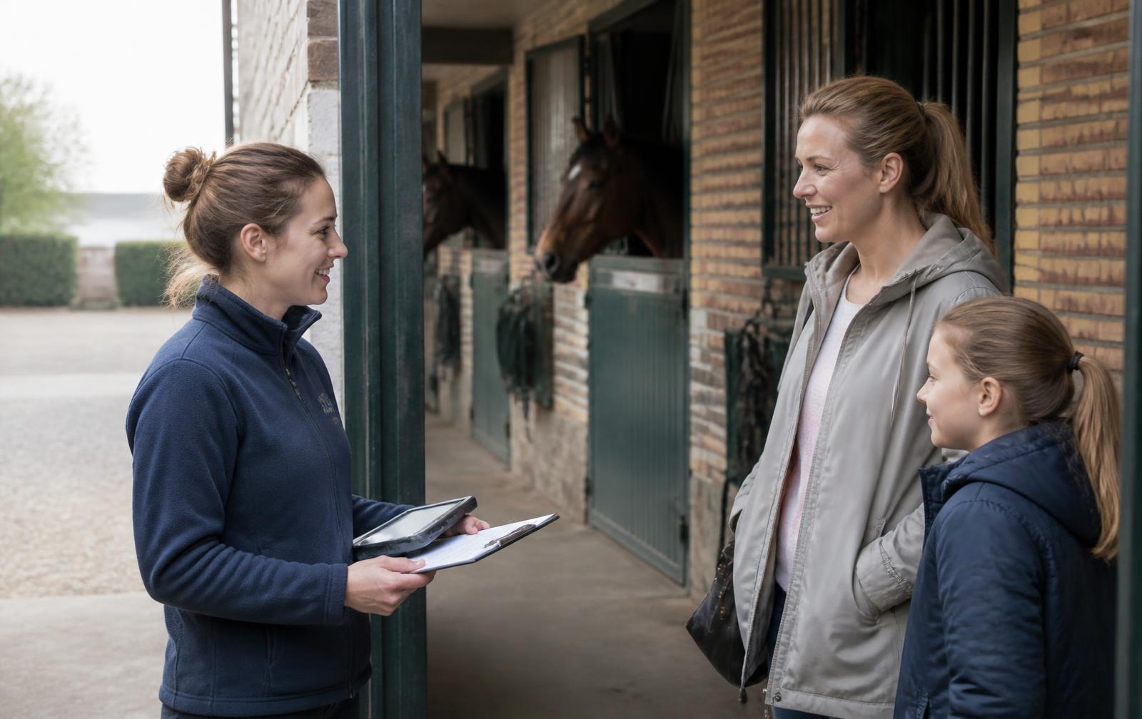 Lesgeefster verwelkomt een moeder en haar dochter bij de stallen van een manege